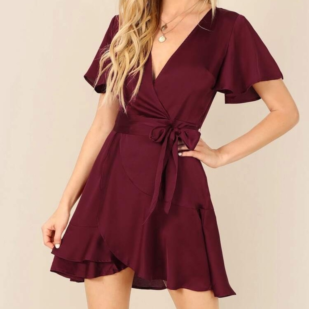 Shein slit back ruffle satin belted dress